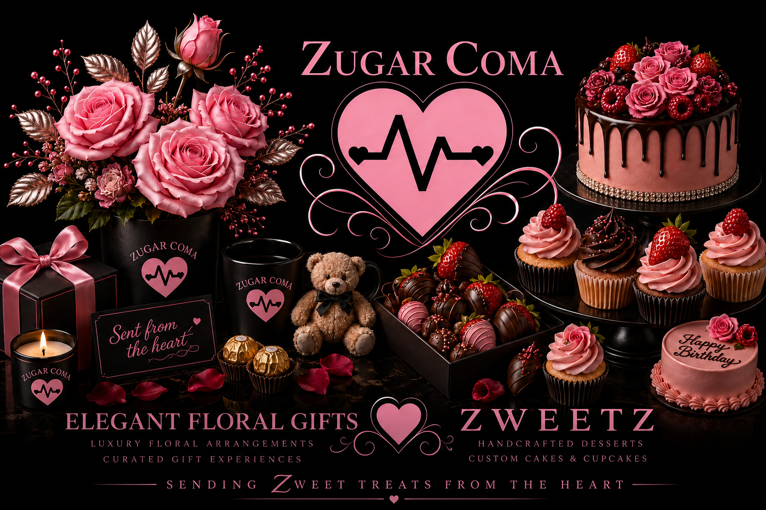 Zugar Coma. Elegant Floral Gifts and Zweetz. Luxury floral arrangements, curated gift experiences, handcrafted desserts, custom cakes and cupcakes. Sending zweet treats from the heart.