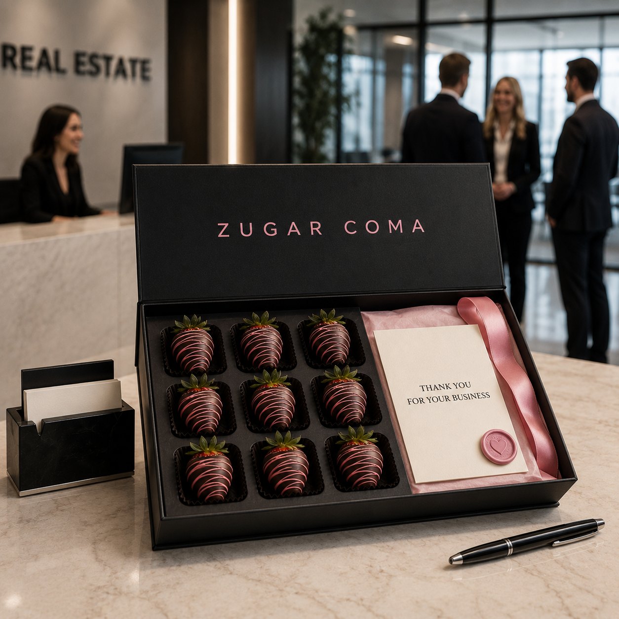 A Zugar Coma desk drop on a real estate office front counter. An open black gift box of nine chocolate covered strawberries beside a wax sealed card that reads Thank You For Your Business, with the office team in the background.