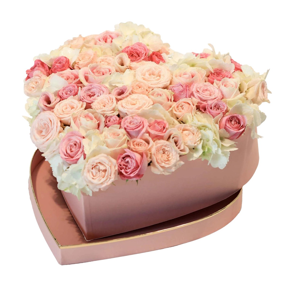 Heart box packed with pink and cream roses
