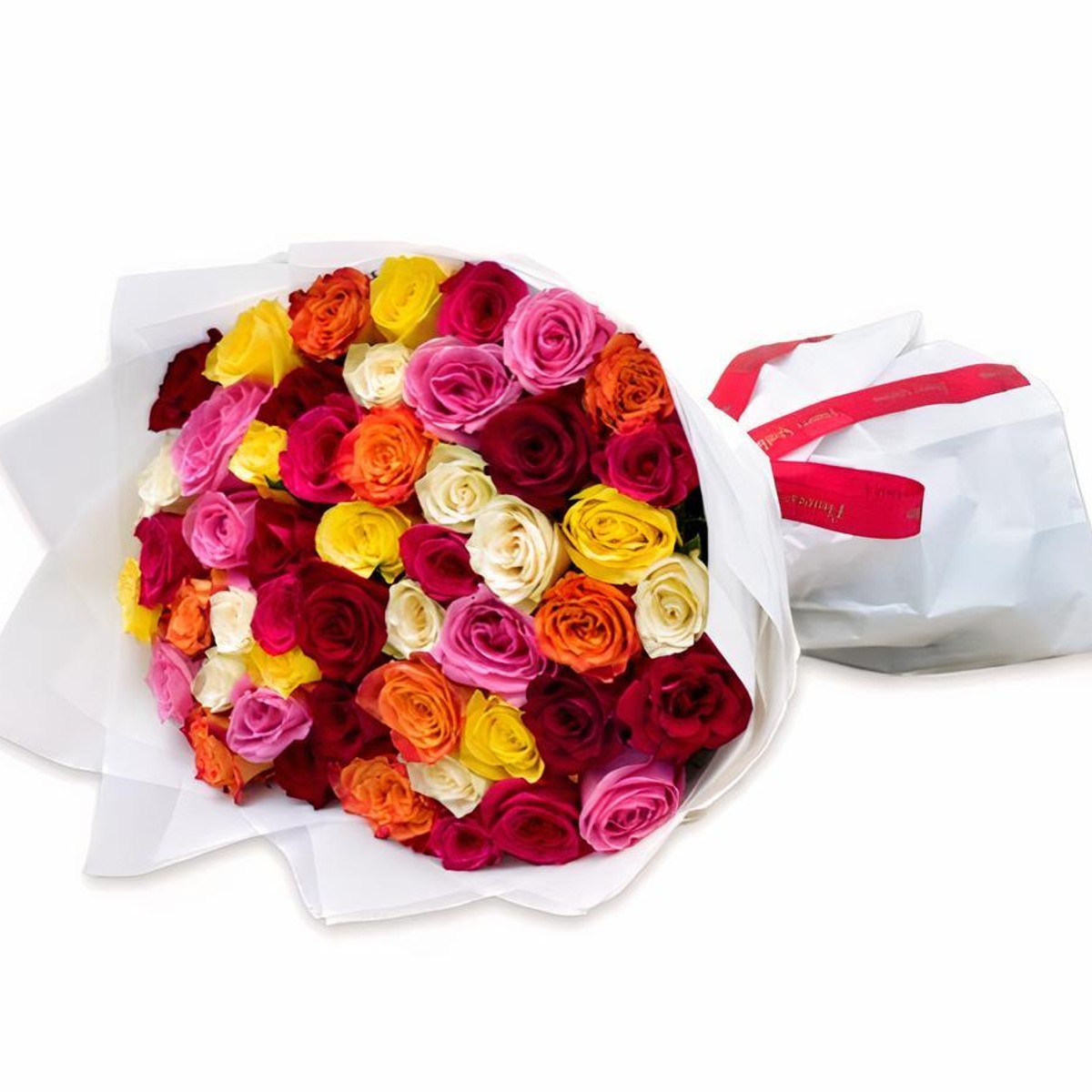 Multicolour rose bouquet in pink, red, orange and yellow, hand-built by Bianca Mendoza