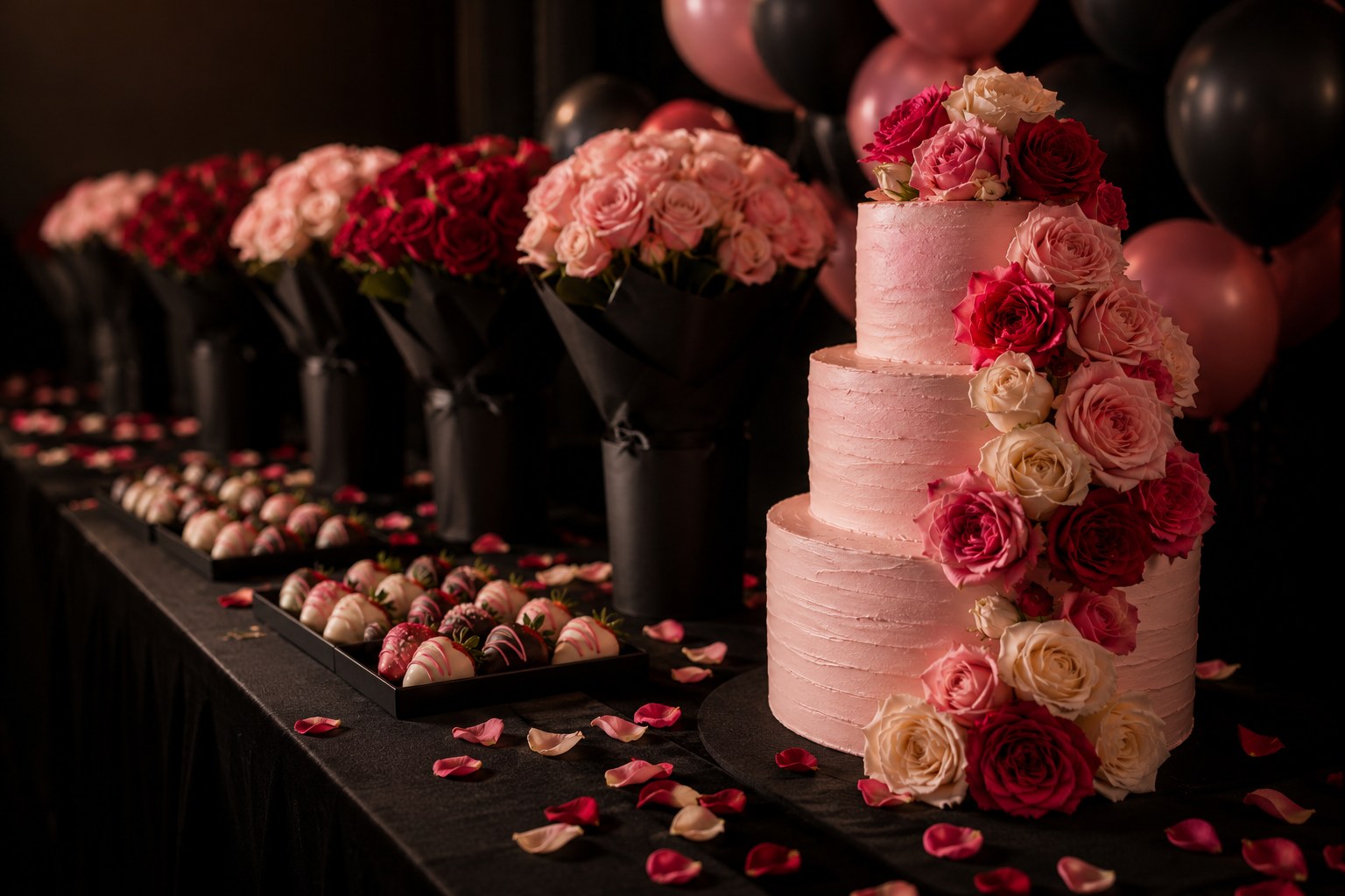Large orders and events. Tiered celebration cake, rose arrangements and chocolate covered strawberries laid out for an event