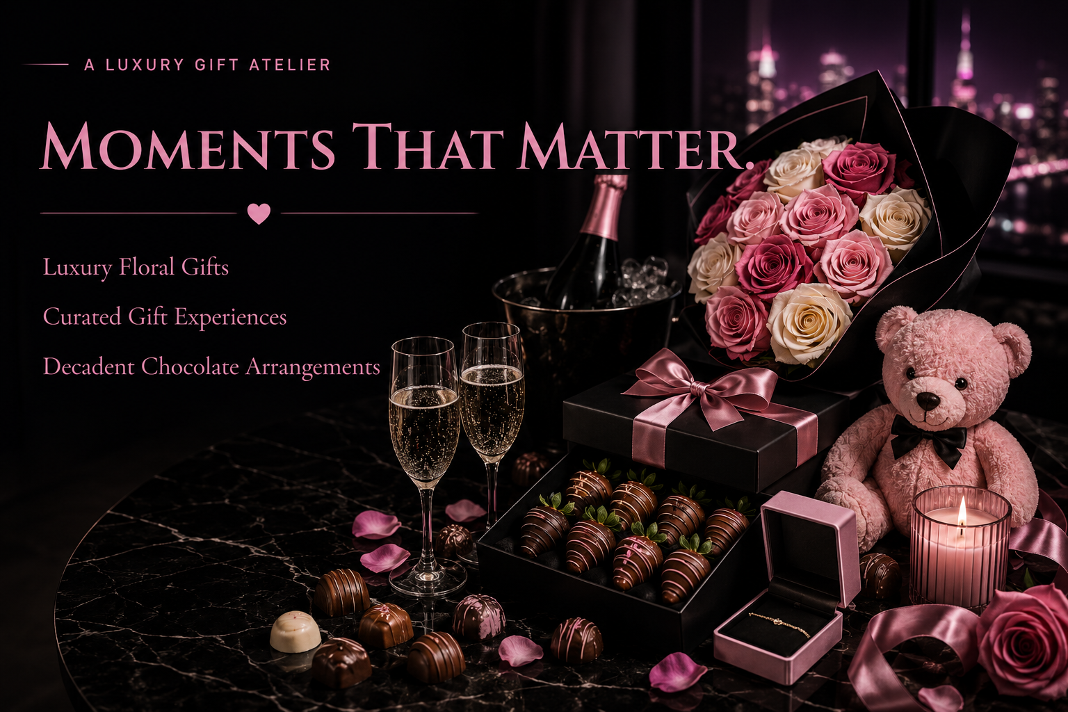 Moments That Matter. A luxury gift atelier. Luxury floral gifts, curated gift experiences, decadent chocolate arrangements.
