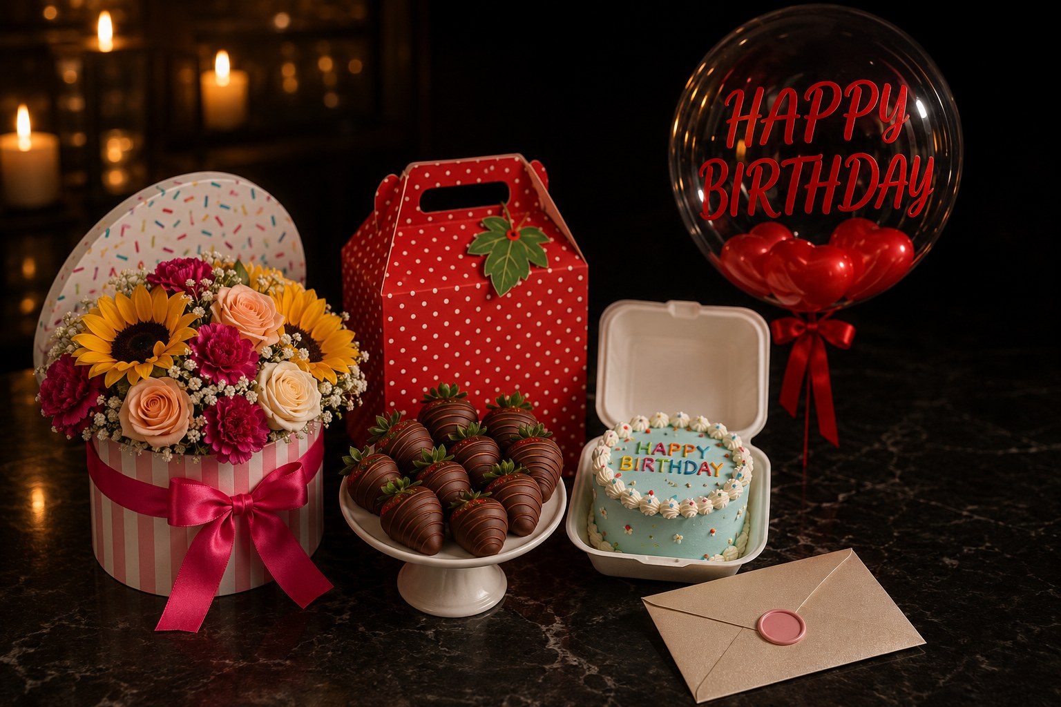 The Birthday Celebration gift package. Birthday Sprinkle arrangement, chocolate covered strawberries, Bento Colorful Birthday cake, personalized Happy Birthday bubble balloon and a wax sealed keepsake card