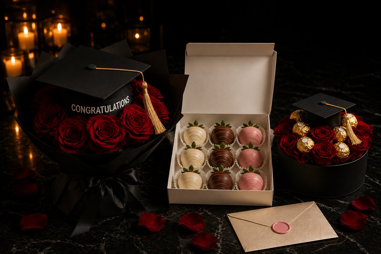 Well Done graduation gift package. Graduado red rose bouquet with a graduation cap, Chocolate Berry Trio strawberries, the Grad keepsake box and a wax sealed keepsake card